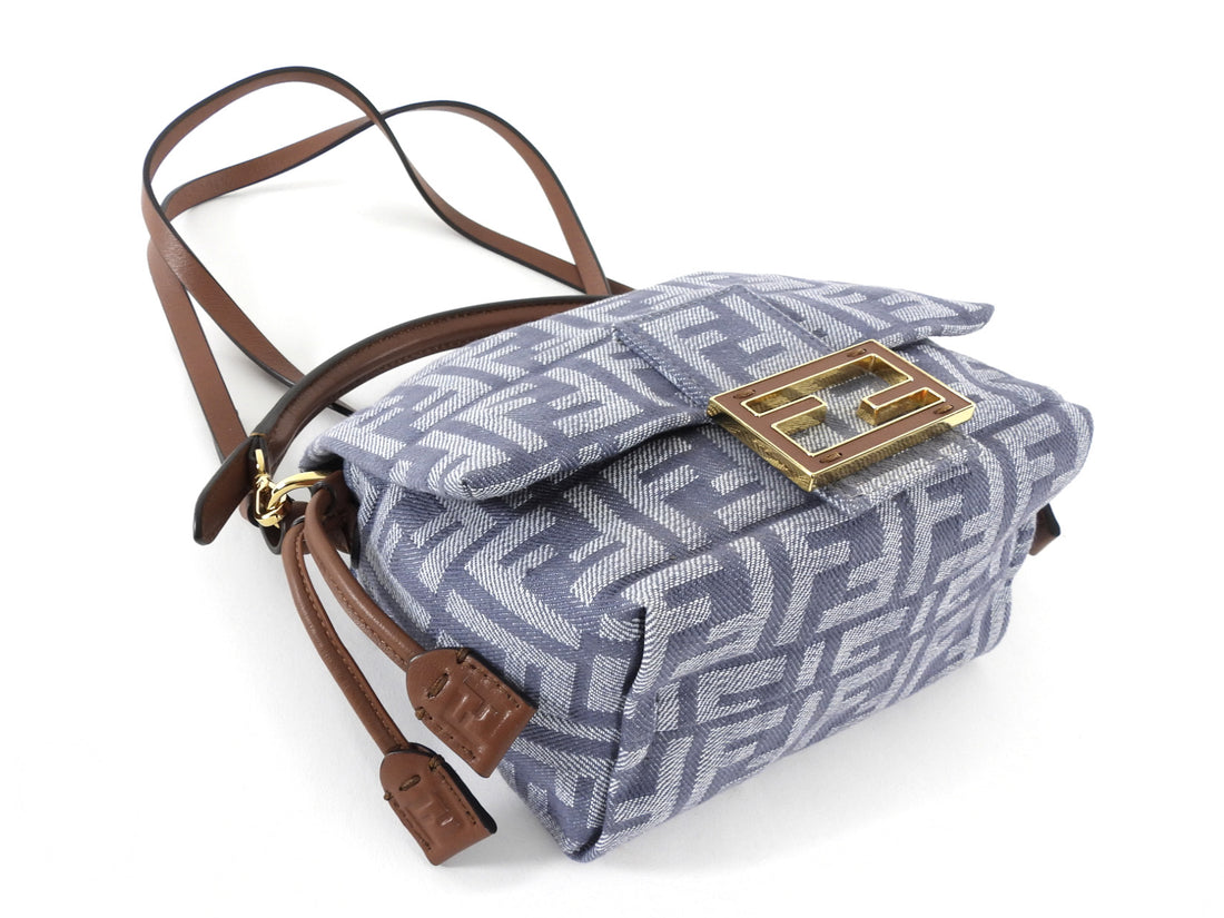 Fendi Blue Denim FF Jacquard Mamma Baguette Small Two Way Bag Small