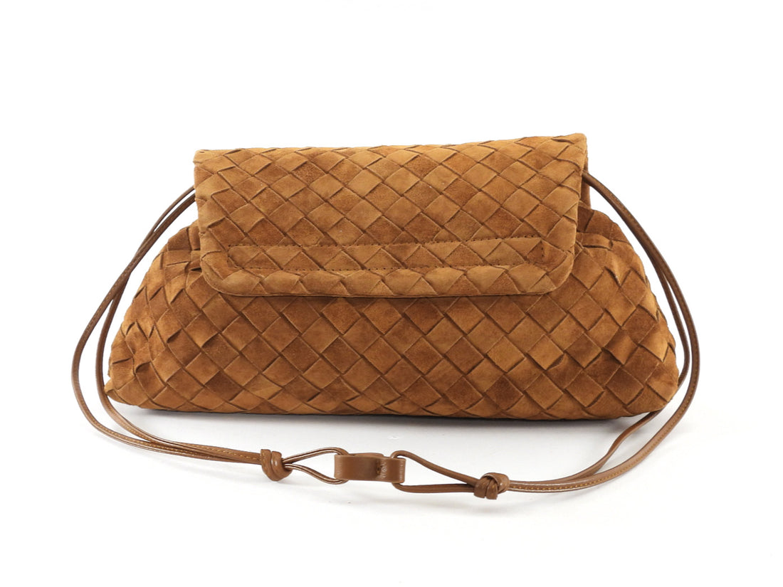 Bottega Veneta Giorno Brown Suede Intrecciato Woven Leather Shoulder Bag