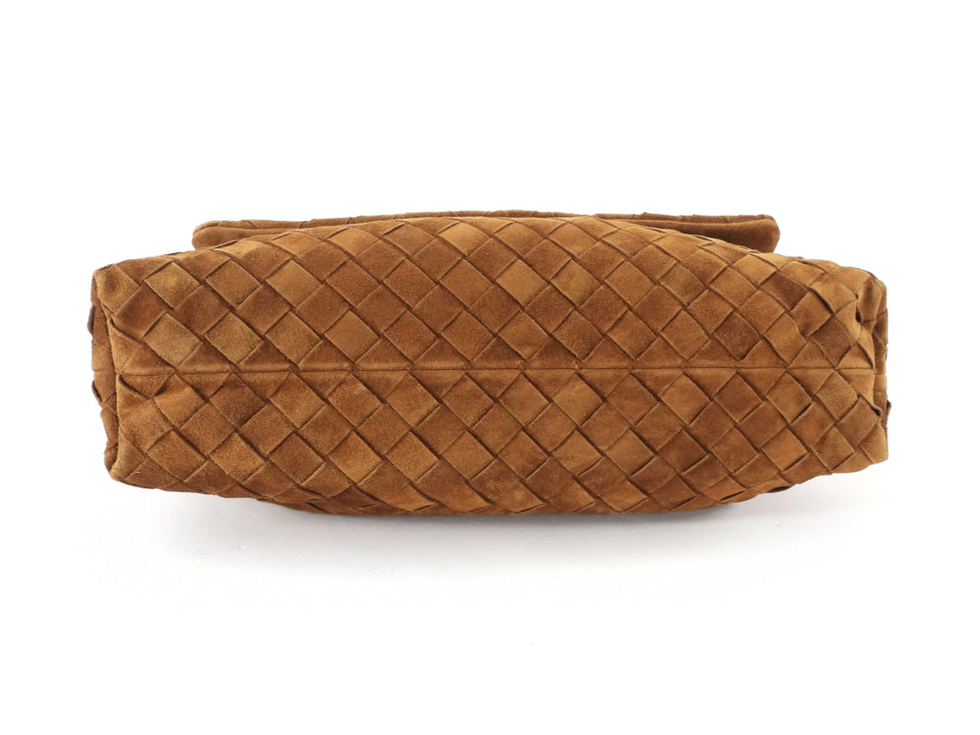 Bottega Veneta Giorno Brown Suede Intrecciato Woven Leather Shoulder Bag