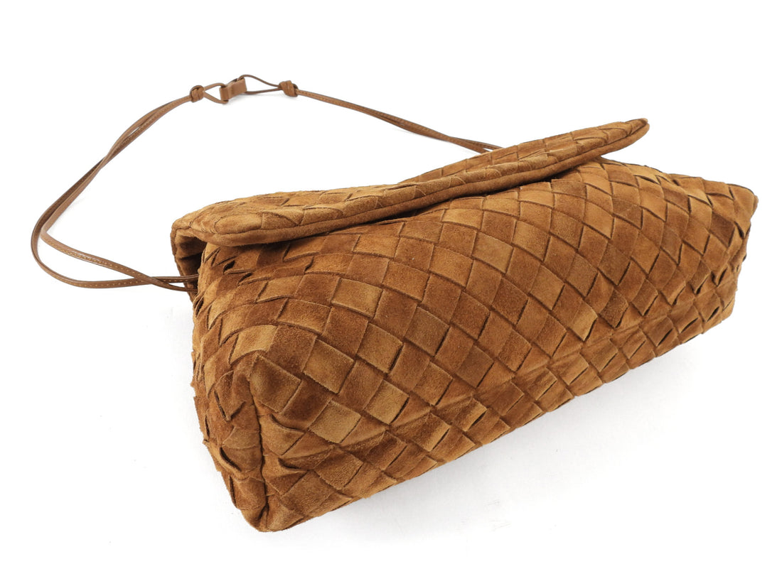 Bottega Veneta Giorno Brown Suede Intrecciato Woven Leather Shoulder Bag