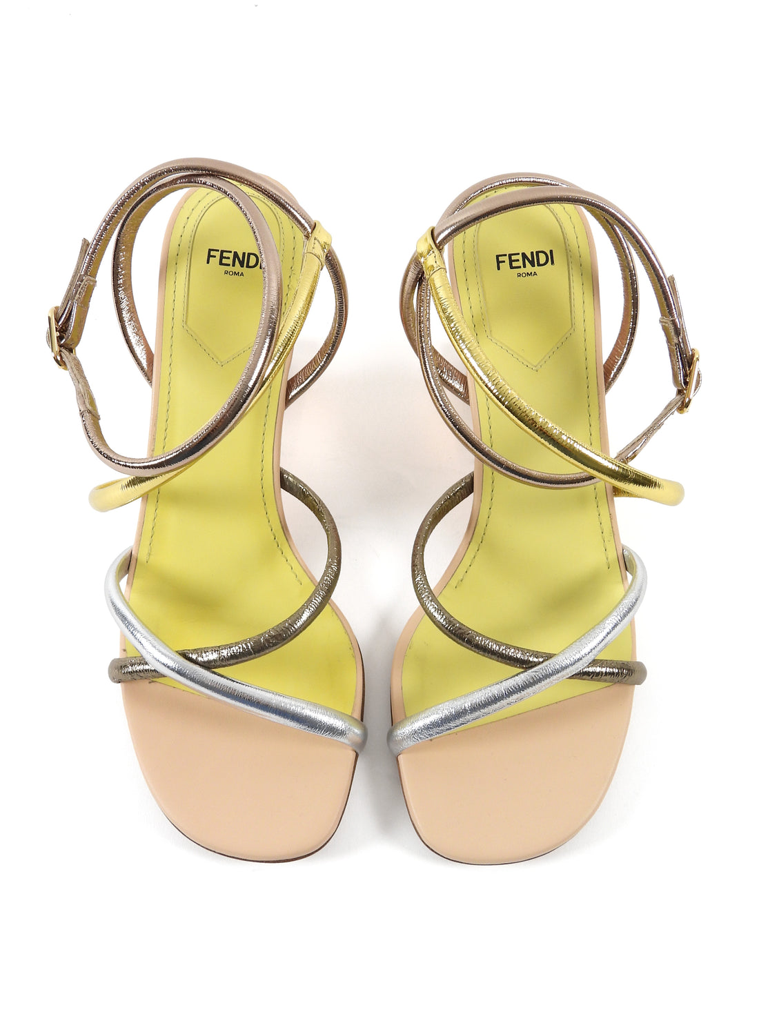 Fendi Black Metallic Leather F Logo Metal Heel Sandals - 39