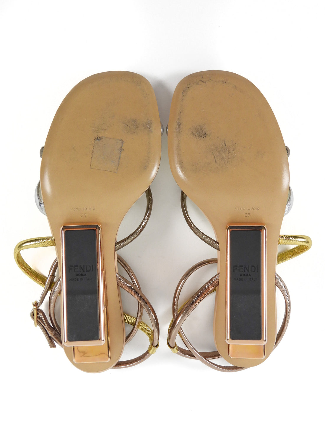 Fendi Black Metallic Leather F Logo Metal Heel Sandals - 39