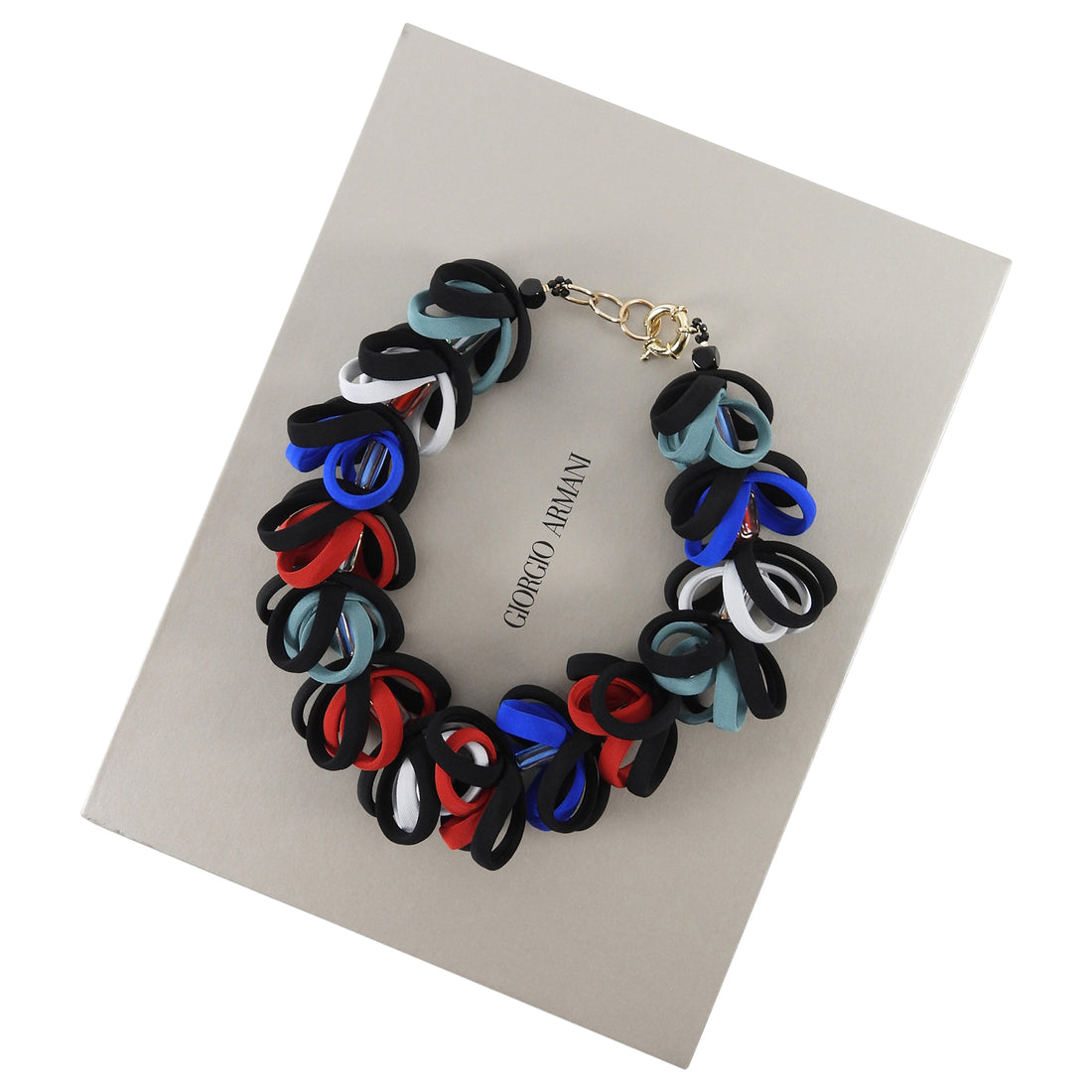Giorgio Armani Black Red White Blue Glass Bead Fabric Looped Statement Necklace