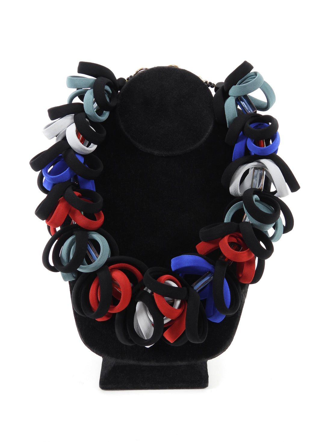 Giorgio Armani Black Red White Blue Glass Bead Fabric Looped Statement Necklace