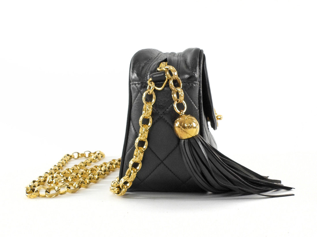 Chanel Black Vintage 1991 Quilted Lambskin Bijoux Flap Tassel Camera Bag Mini