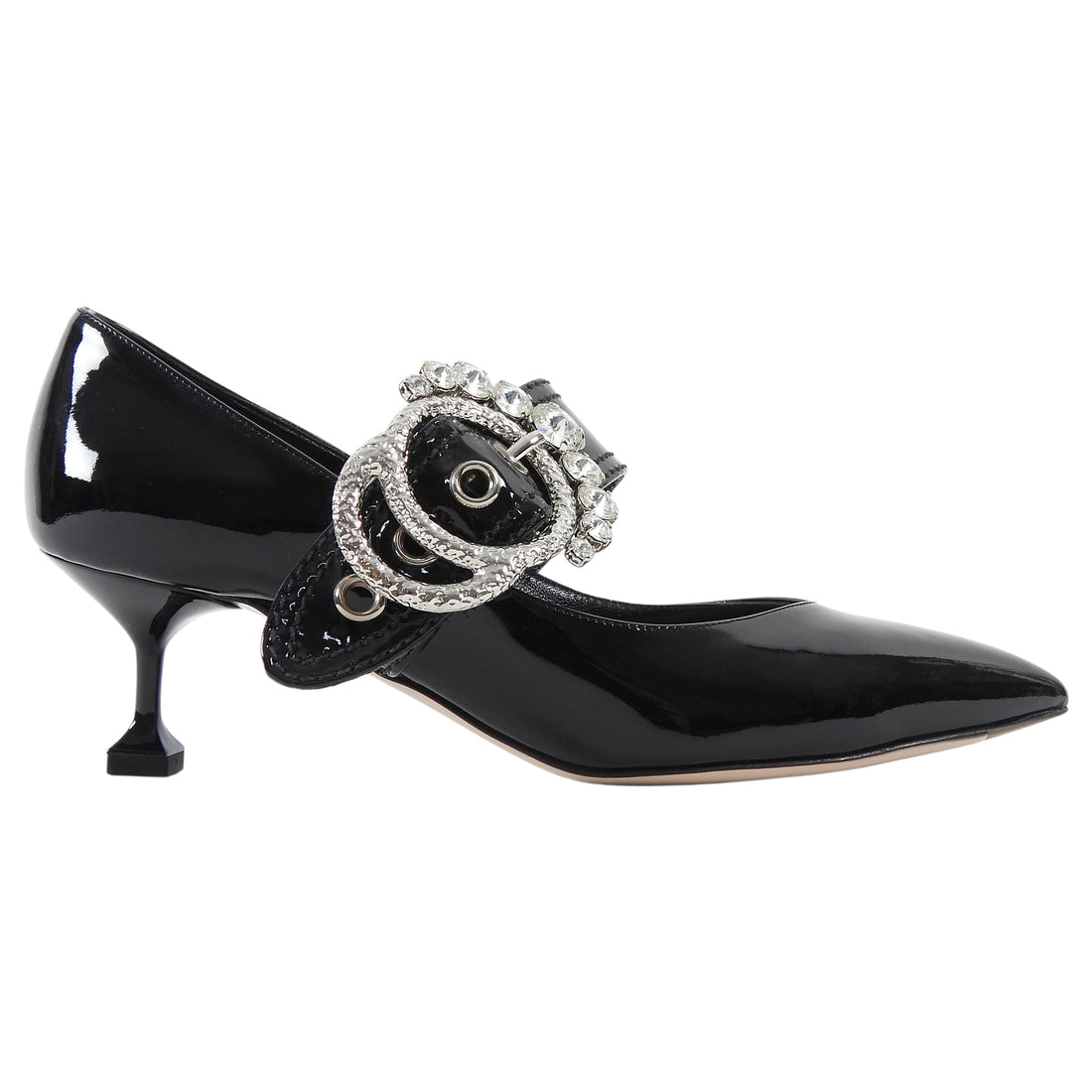 Miu Miu Black Patent Leather Crystal Buckle Mary Jane Pumps - 38.5
