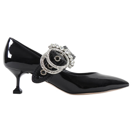 Miu Miu Black Patent Leather Crystal Buckle Mary Jane Pumps - 38.5