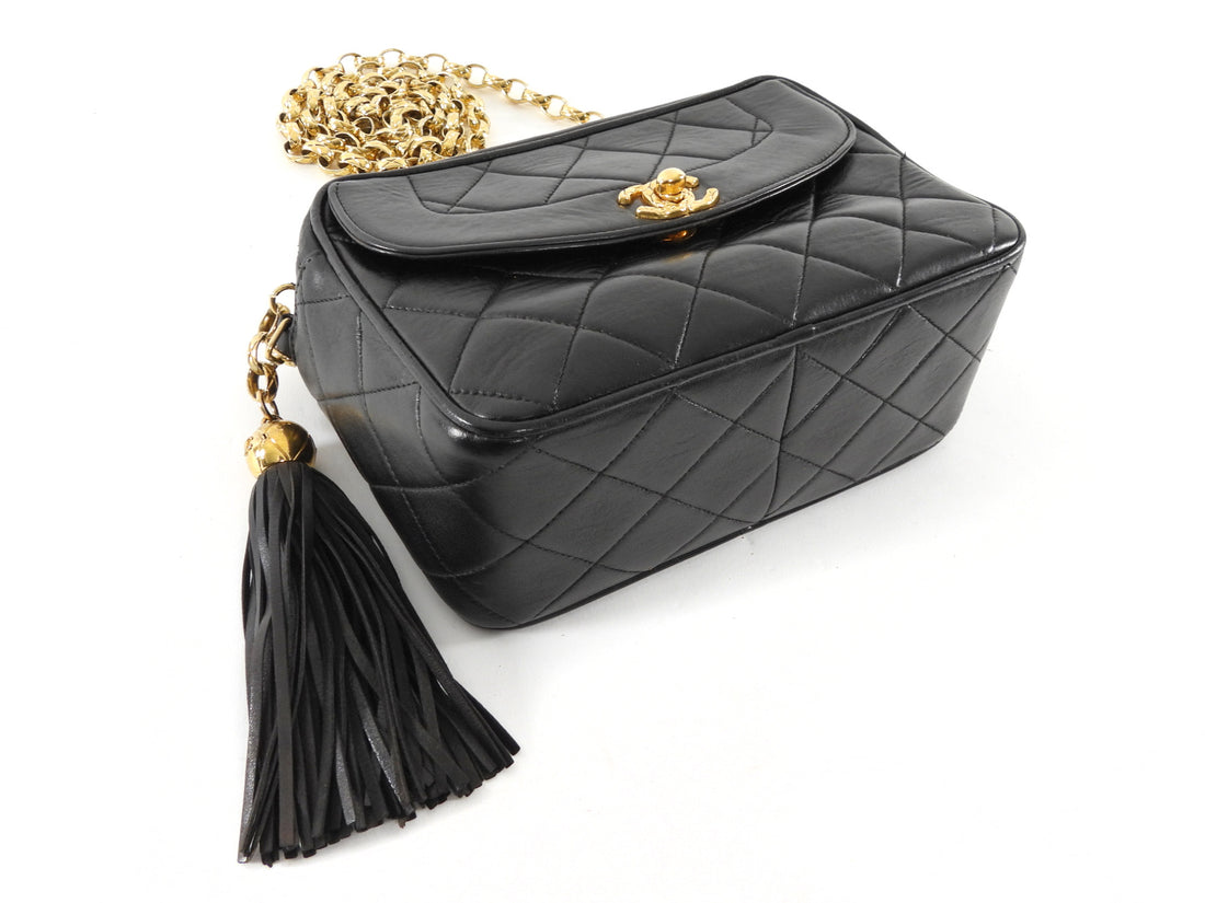 Chanel Black Vintage 1991 Quilted Lambskin Bijoux Flap Tassel Camera Bag Mini