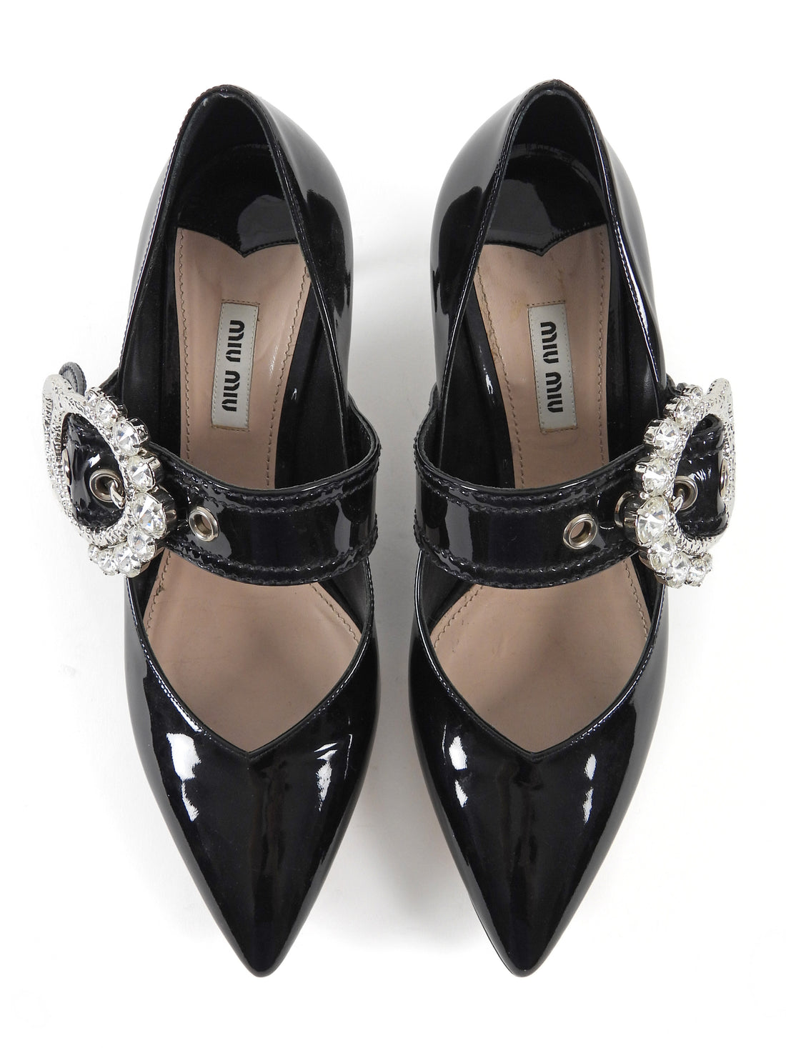 Miu Miu Black Patent Leather Crystal Buckle Mary Jane Pumps - 38.5