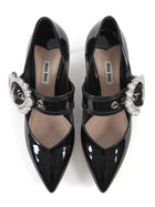 Miu Miu Black Patent Leather Crystal Buckle Mary Jane Pumps - 38.5