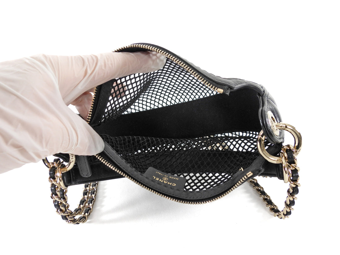 Chanel 2025 Black Mesh Shiny Lambskin Chain Hobo Bag
