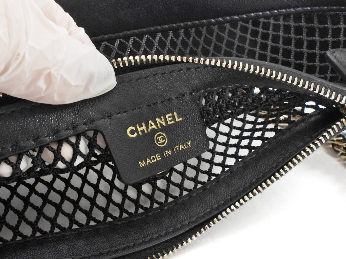 Chanel 2025 Black Mesh Shiny Lambskin Chain Hobo Bag