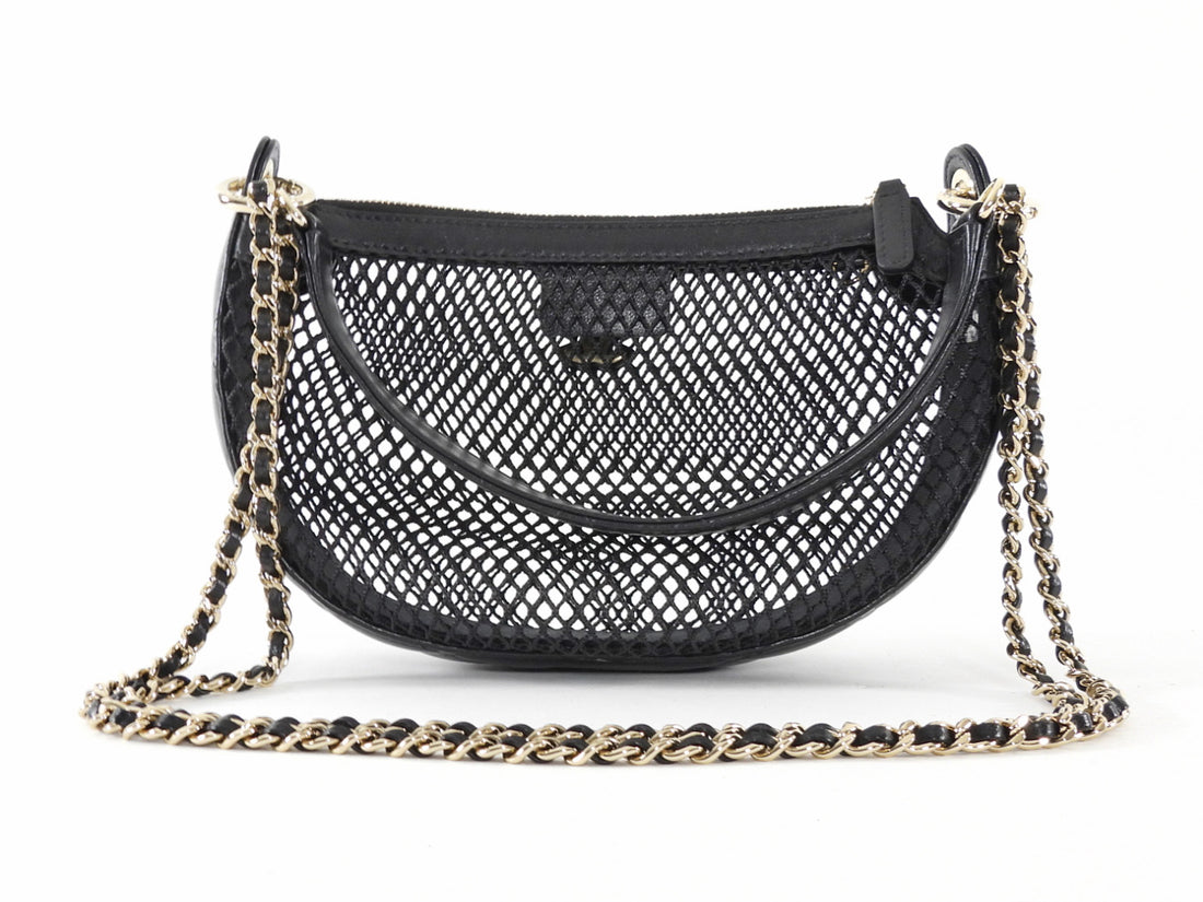 Chanel 2025 Black Mesh Shiny Lambskin Chain Hobo Bag