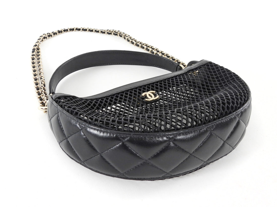 Chanel 2025 Black Mesh Shiny Lambskin Chain Hobo Bag