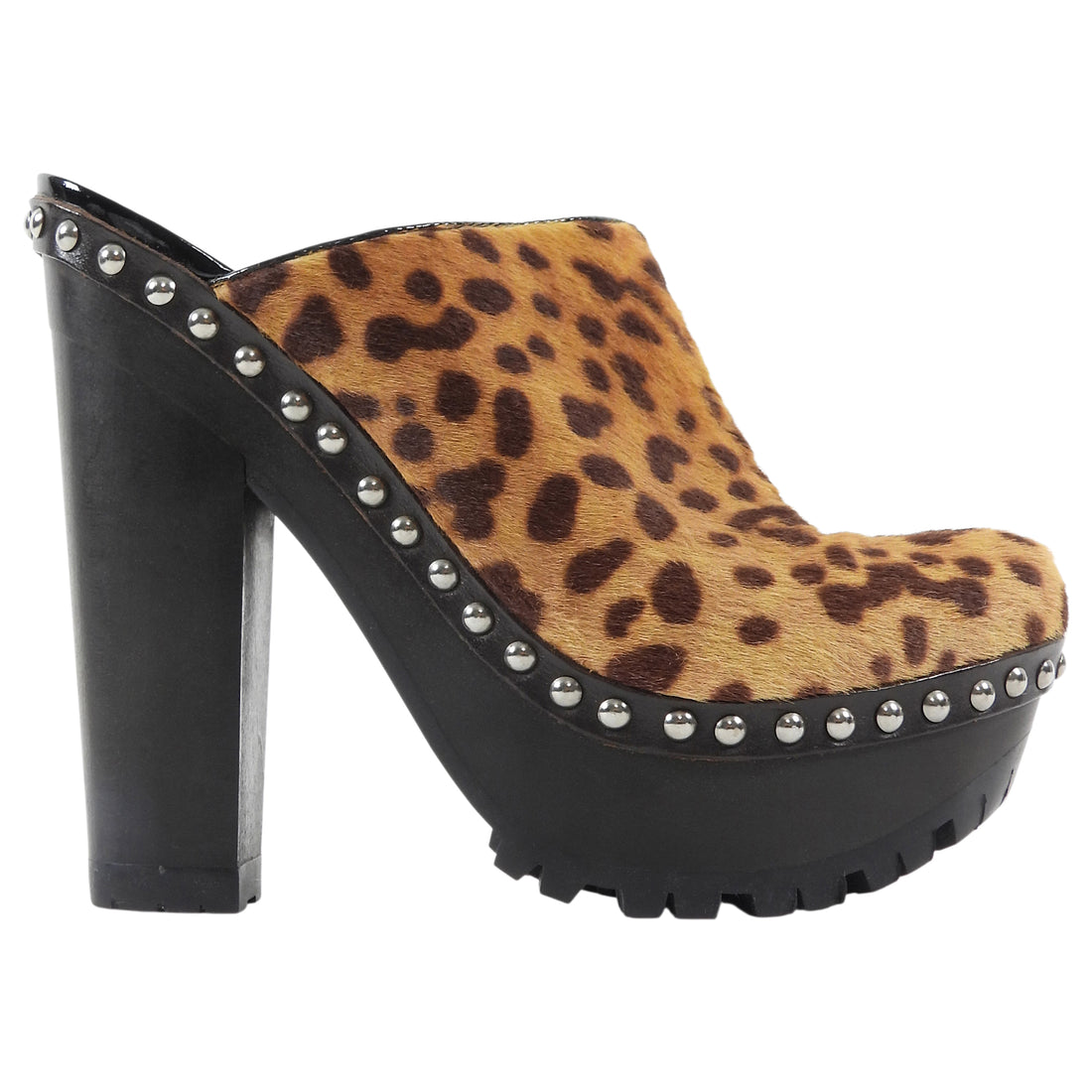 Miu Miu Tan Brown Leopard Pony Hair Platform Clogs - 38
