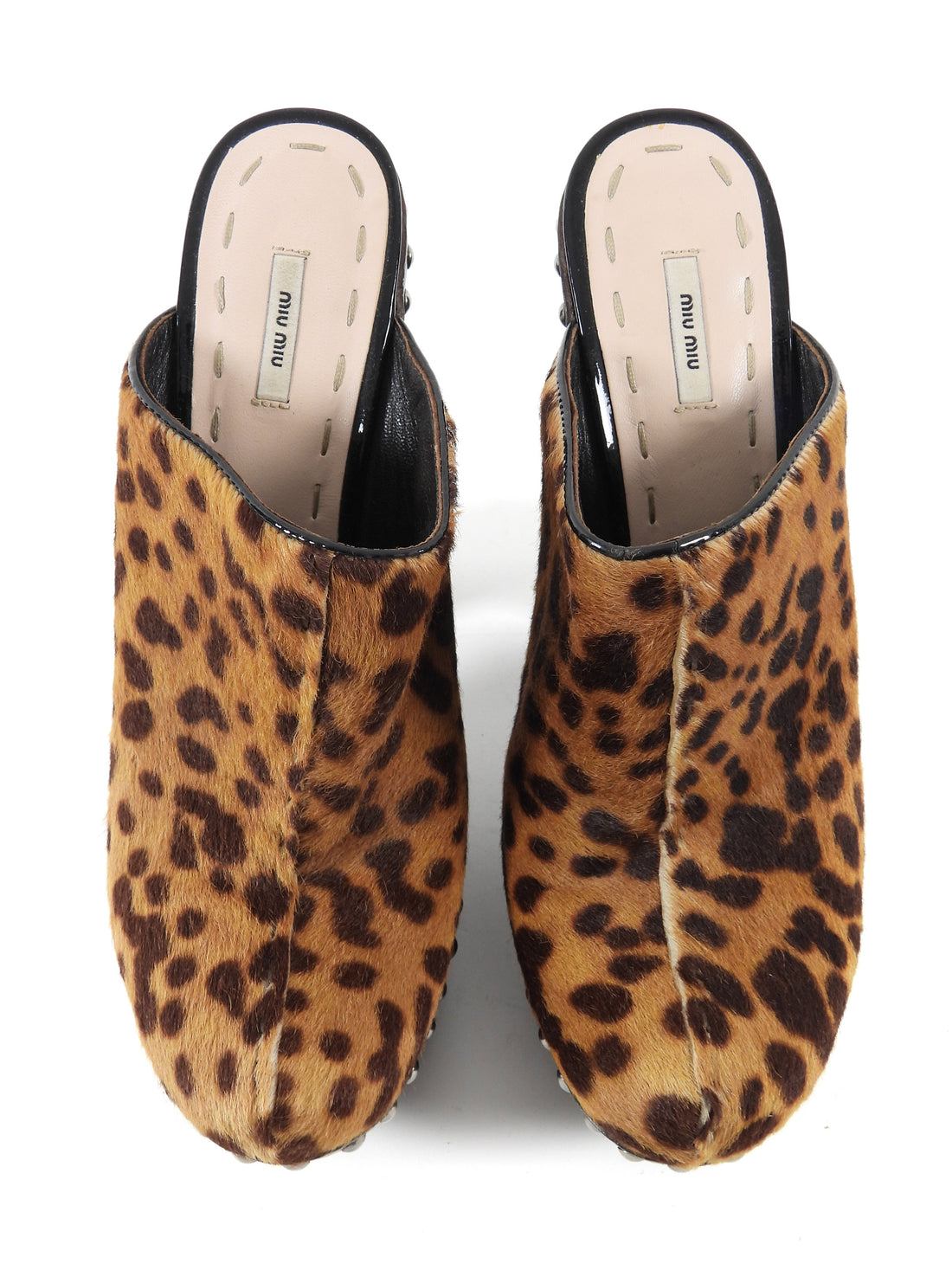 Miu Miu Tan Brown Leopard Pony Hair Platform Clogs - 38