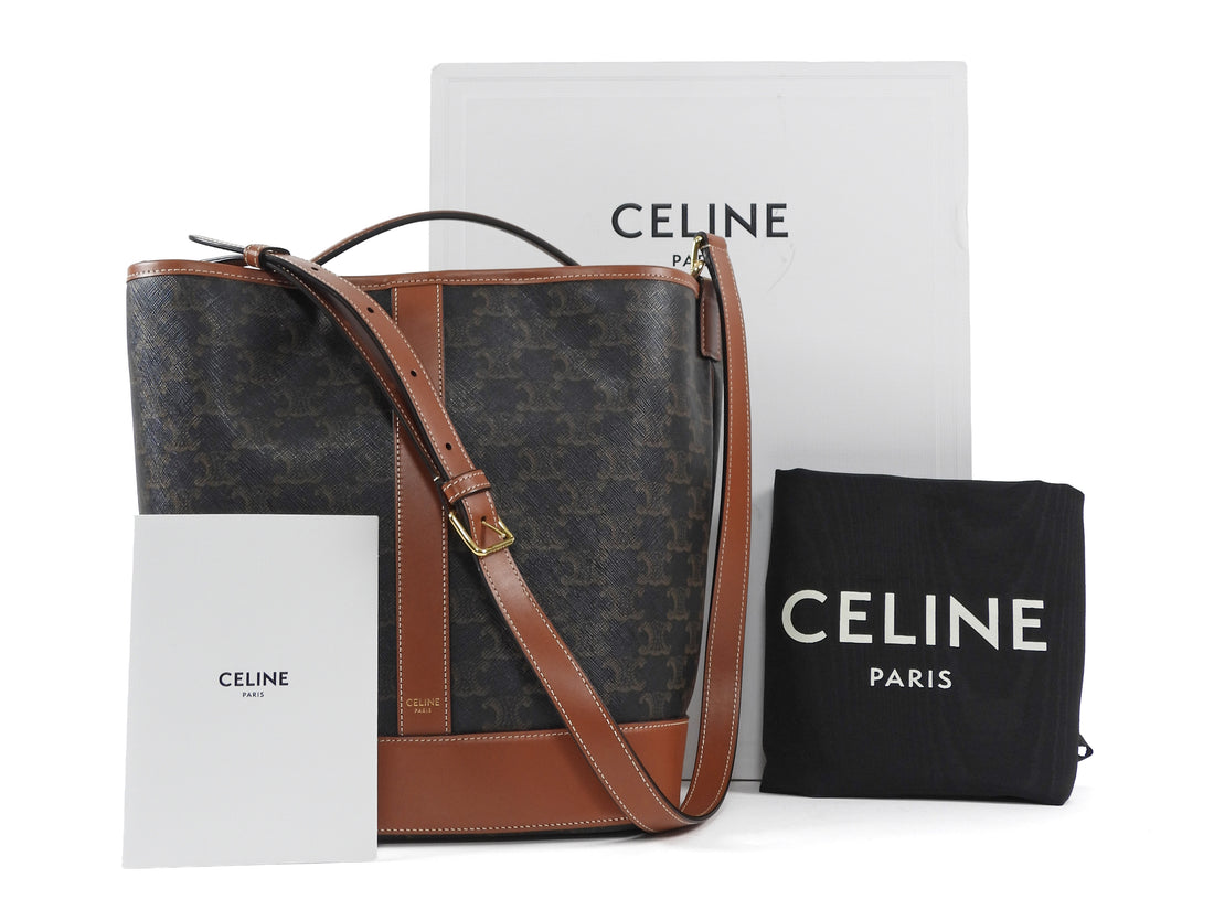 Celine Brown Black Monogram Coated Canvas and Leather Triomphe Medium Bucket Bag