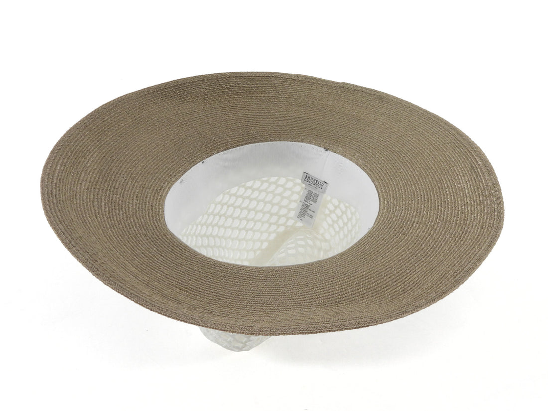 Brunello Cuccinelli Open Weave and Straw Monili Wide Brim Combo Hat - S