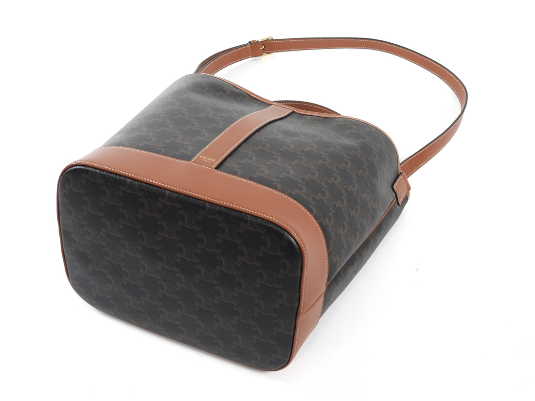 Celine Brown Black Monogram Coated Canvas and Leather Triomphe Medium Bucket Bag