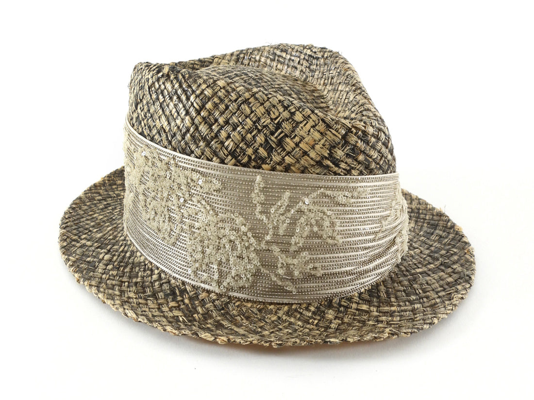 Brunello Cucinelli Beige Black Woven Raffia Beaded Silk Trim Fedora - M