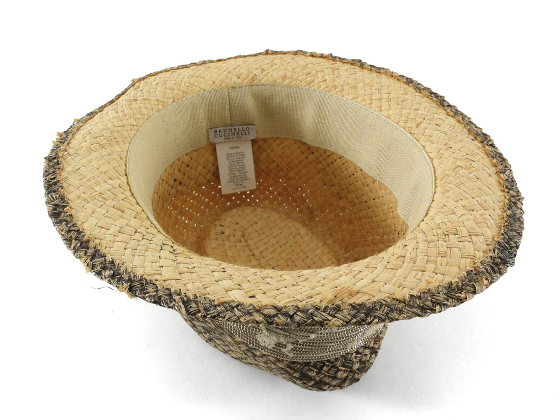 Brunello Cucinelli Beige Black Woven Raffia Beaded Silk Trim Fedora - M
