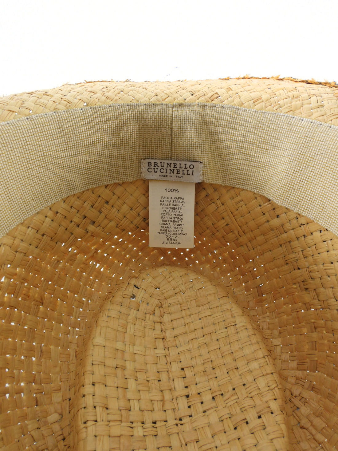 Brunello Cucinelli Beige Black Woven Raffia Beaded Silk Trim Fedora - M
