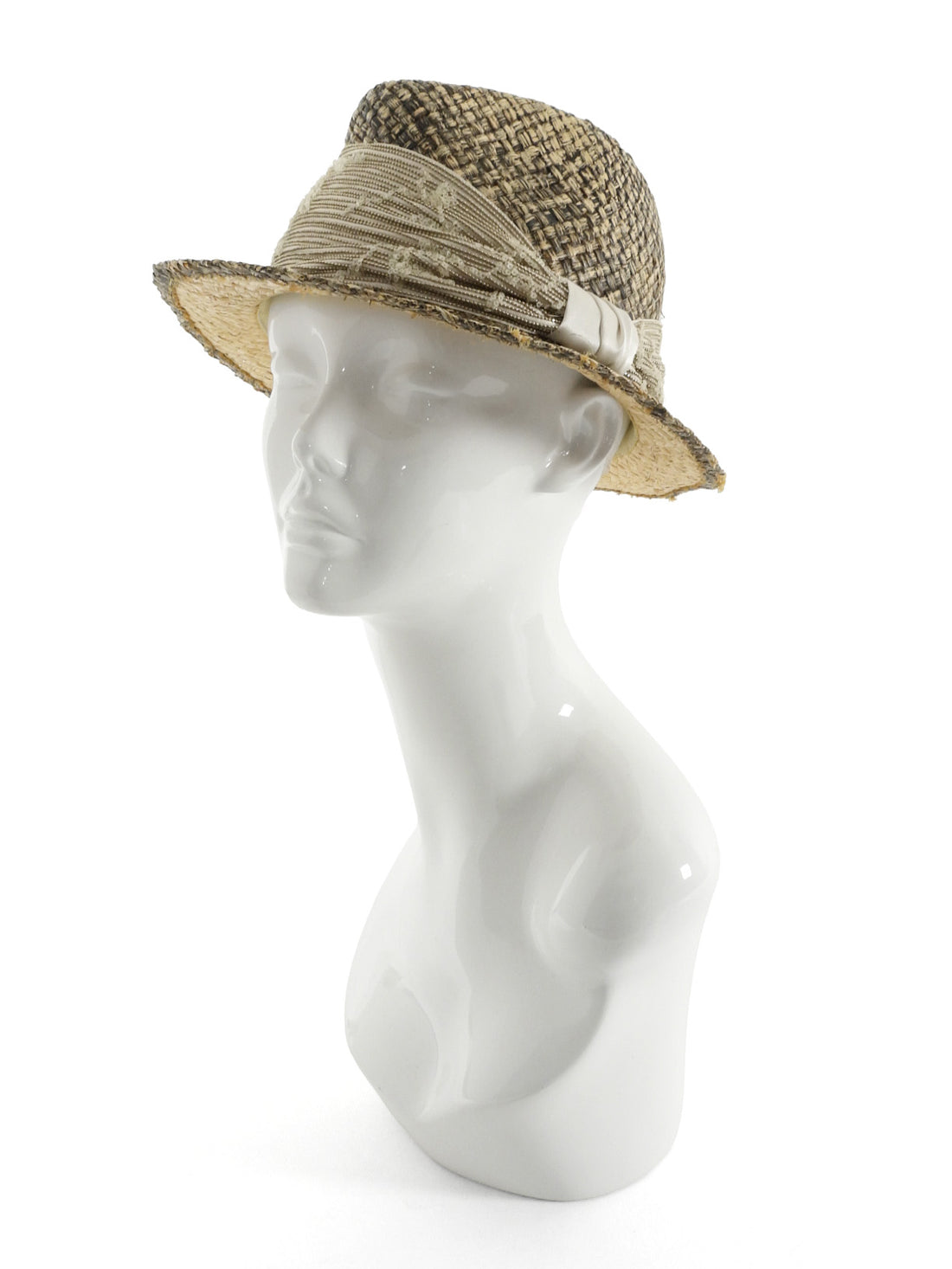 Brunello Cucinelli Beige Black Woven Raffia Beaded Silk Trim Fedora - M