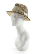 Brunello Cucinelli Beige Black Woven Raffia Beaded Silk Trim Fedora - M