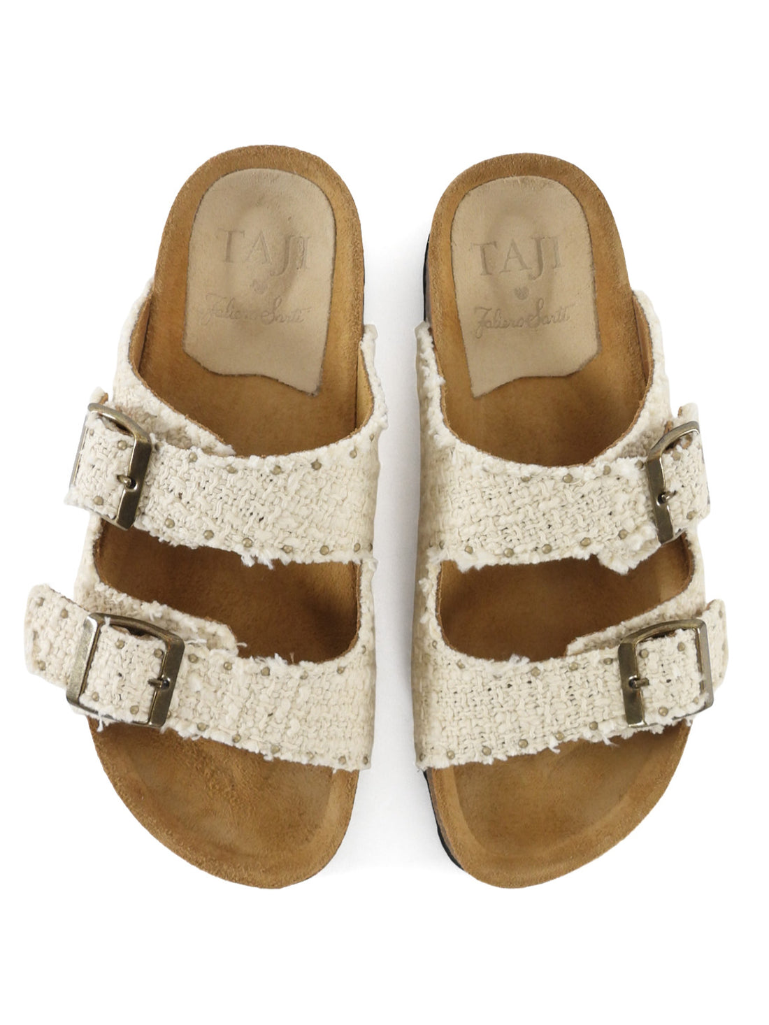 Falerio Sarti Ivory Brown X Taji Tweed Ciabatta Double Buckle Molded Footbed Sandals - 37