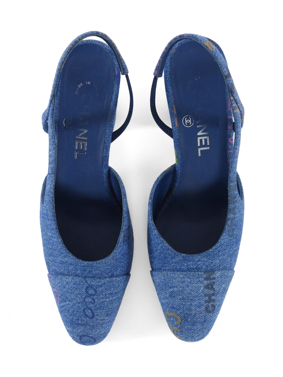 Chanel Blue 22P Denim Logo Block Heel Cap Toe Slingback Heels - 37.5 / 7