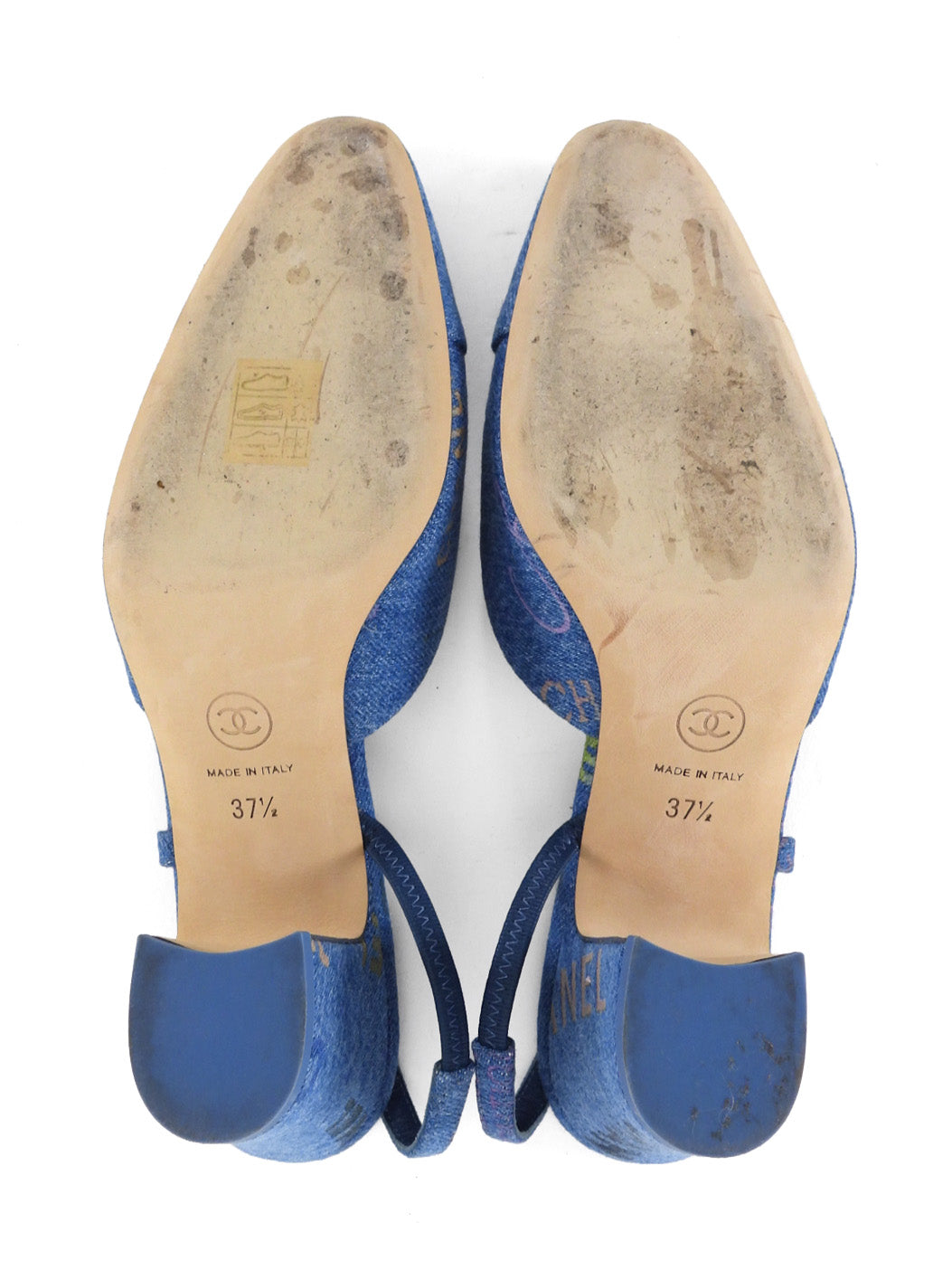 Chanel Blue 22P Denim Logo Block Heel Cap Toe Slingback Heels - 37.5 / 7