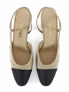 Chanel Natural Linen Grosgrain Cap Toe Block Heel Slingback Heels - 37.5 / 7