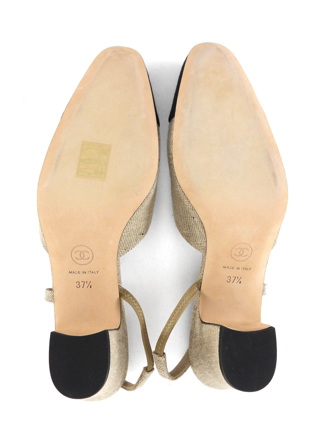 Chanel Natural Linen Grosgrain Cap Toe Block Heel Slingback Heels - 37.5 / 7