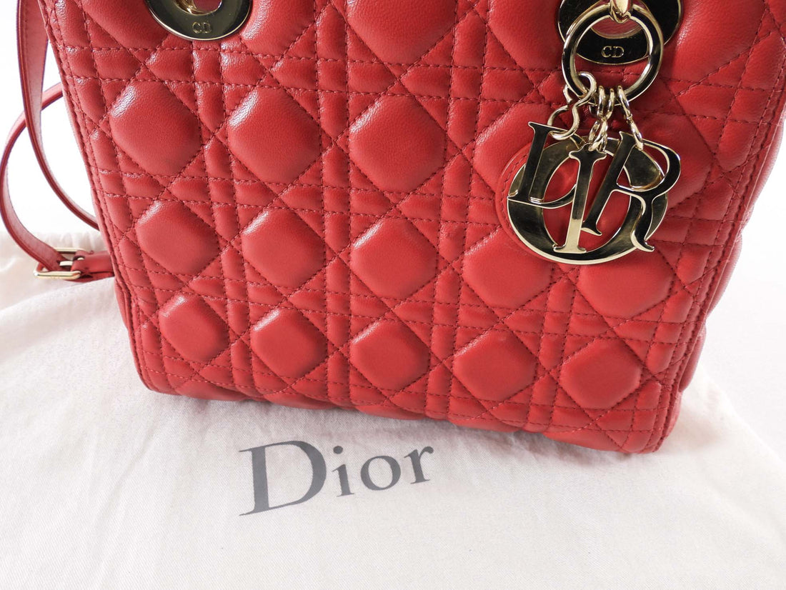 Dior Medium Lady Dior Red Quilted Lambskin Leather Two Way Handbag