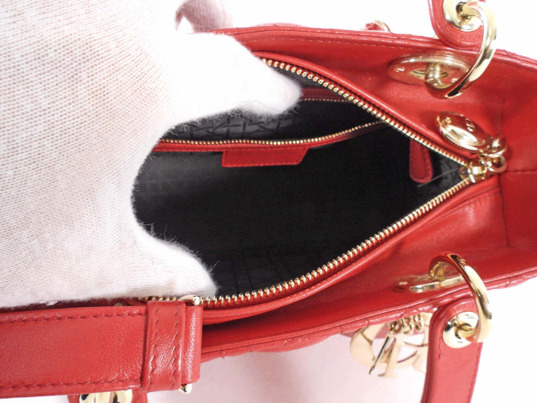 Dior Medium Lady Dior Red Quilted Lambskin Leather Two Way Handbag