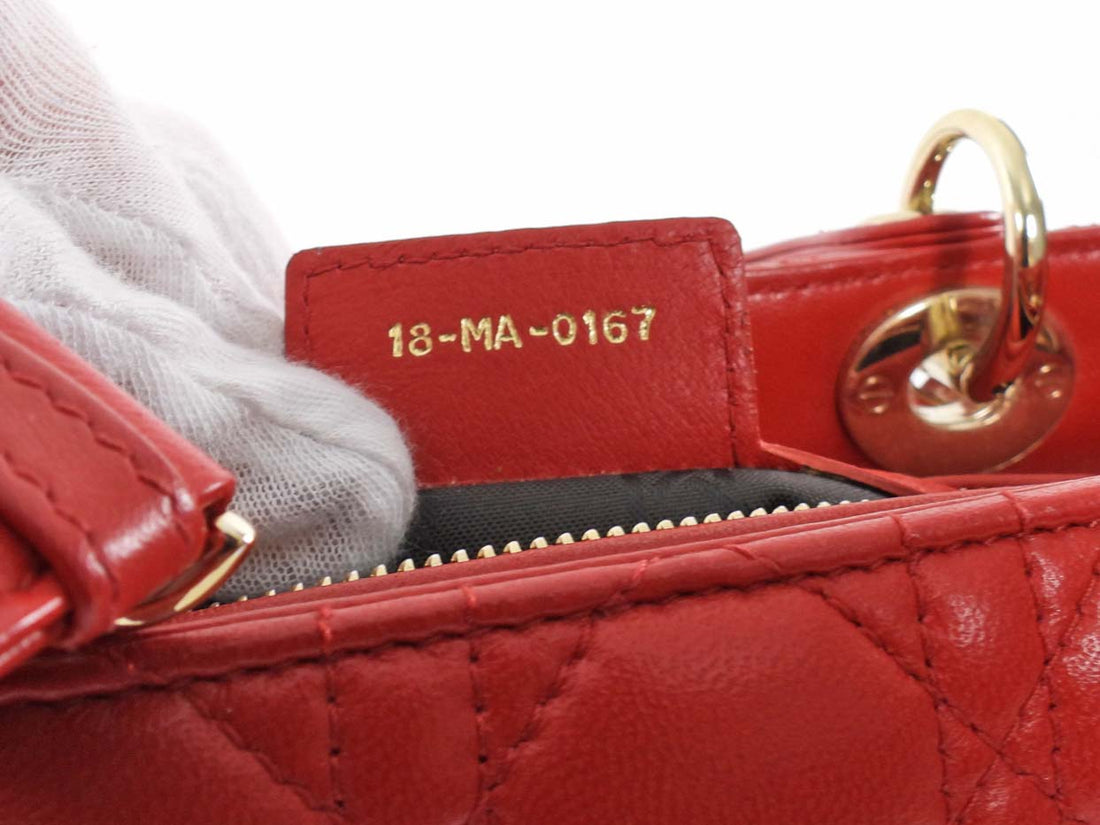 Dior Medium Lady Dior Red Quilted Lambskin Leather Two Way Handbag