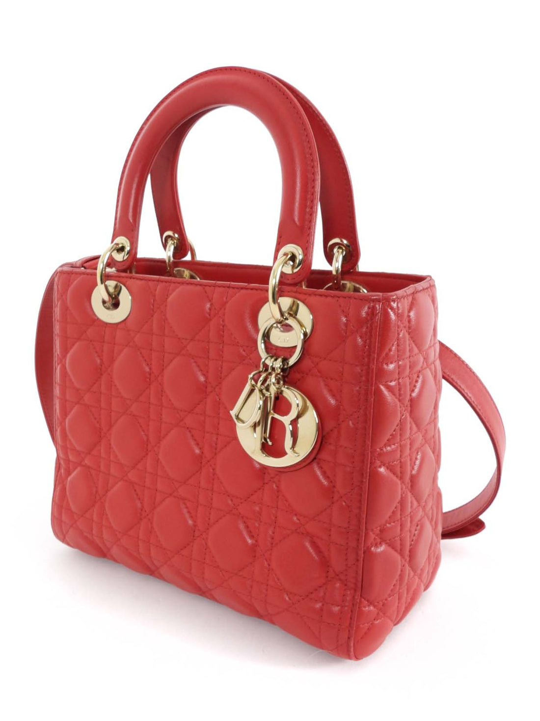 Dior Medium Lady Dior Red Quilted Lambskin Leather Two Way Handbag
