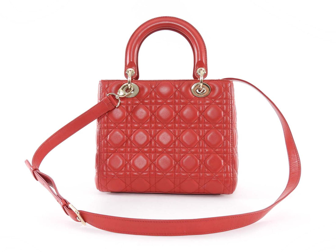Dior Medium Lady Dior Red Quilted Lambskin Leather Two Way Handbag