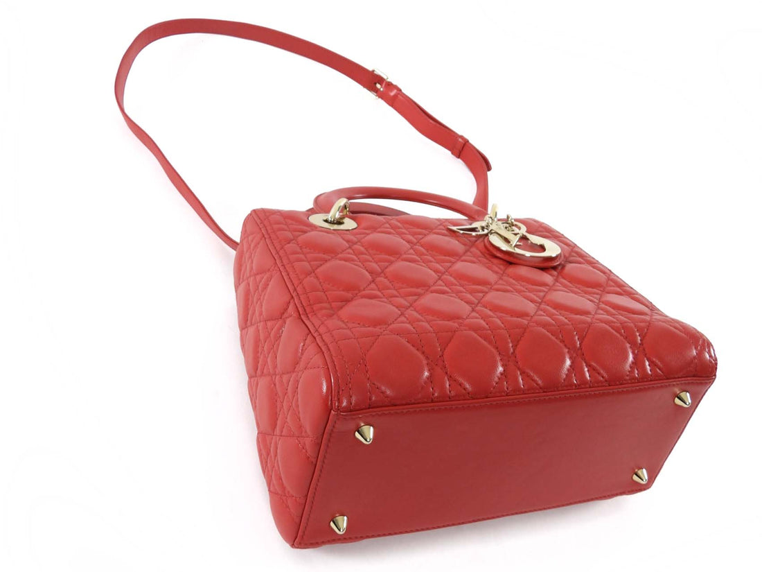 Dior Medium Lady Dior Red Quilted Lambskin Leather Two Way Handbag