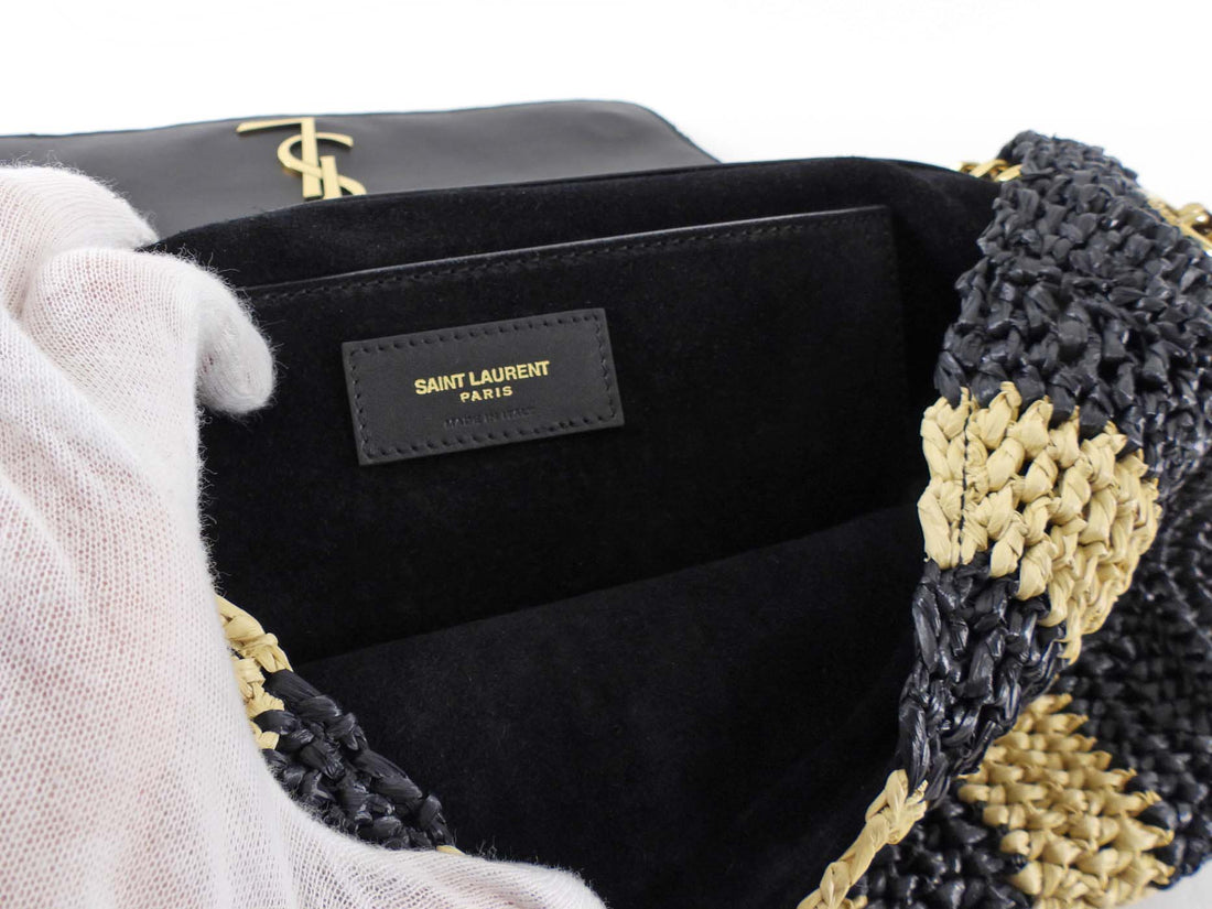 Saint Laurent Natural Beige and Black Stripe Raffia Monogram Reversible Chain Flap Bag