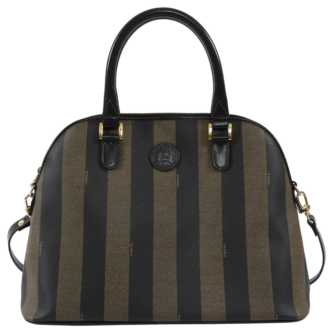 Fendi Black Brown Vintage Pequin Stripe Coated Canvas Dome Bag