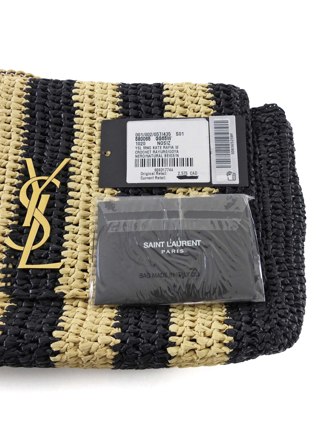 Saint Laurent Natural Beige and Black Stripe Raffia Monogram Reversible Chain Flap Bag