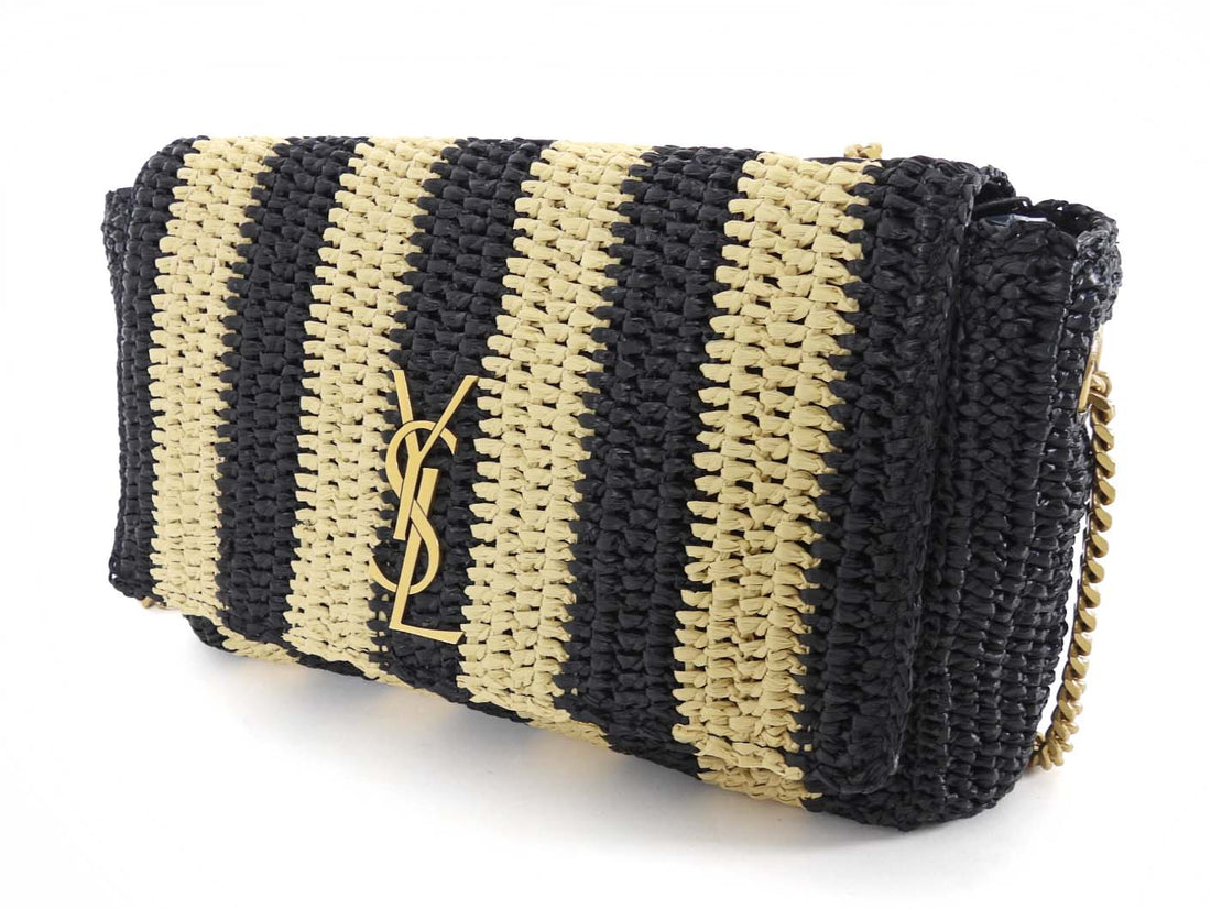Saint Laurent Natural Beige and Black Stripe Raffia Monogram Reversible Chain Flap Bag