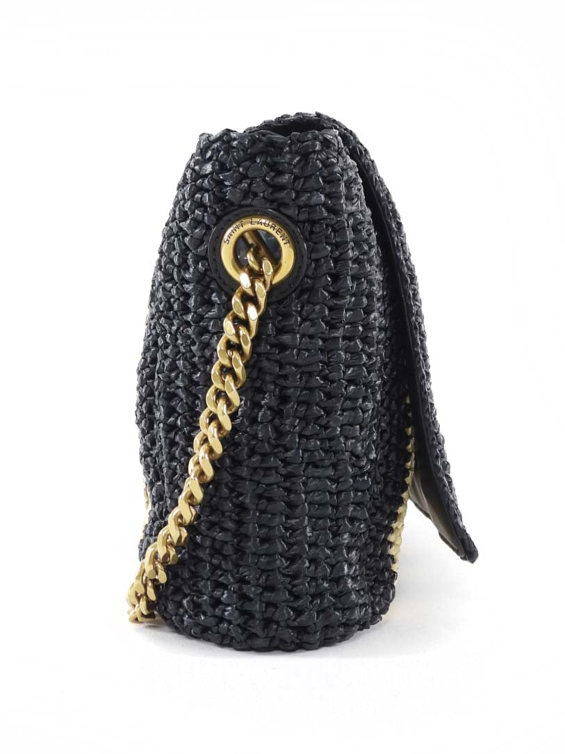 Saint Laurent Natural Beige and Black Stripe Raffia Monogram Reversible Chain Flap Bag