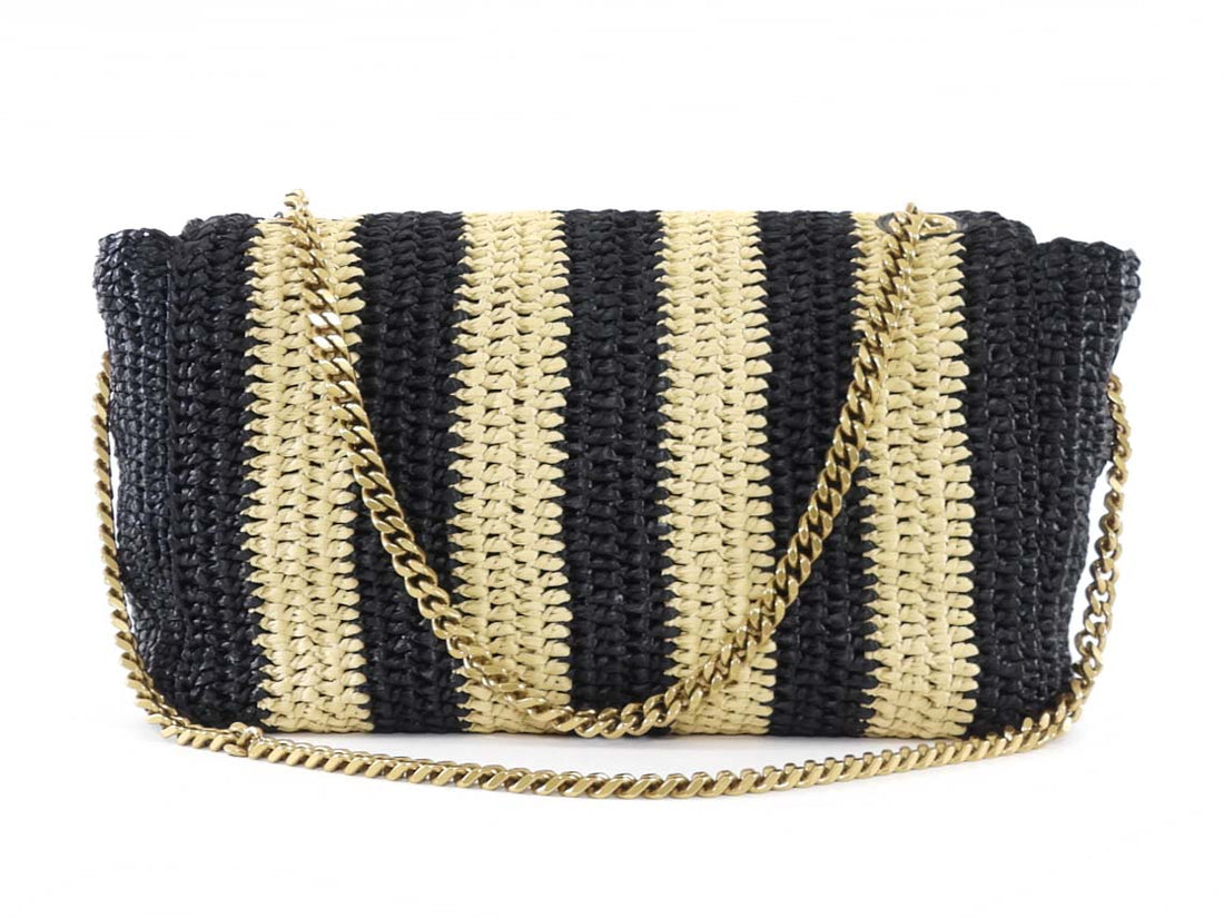 Saint Laurent Natural Beige and Black Stripe Raffia Monogram Reversible Chain Flap Bag