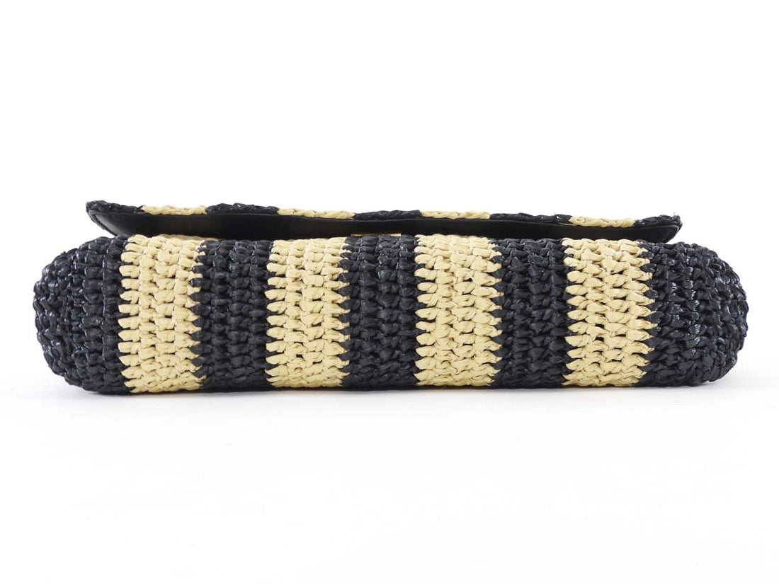 Saint Laurent Natural Beige and Black Stripe Raffia Monogram Reversible Chain Flap Bag