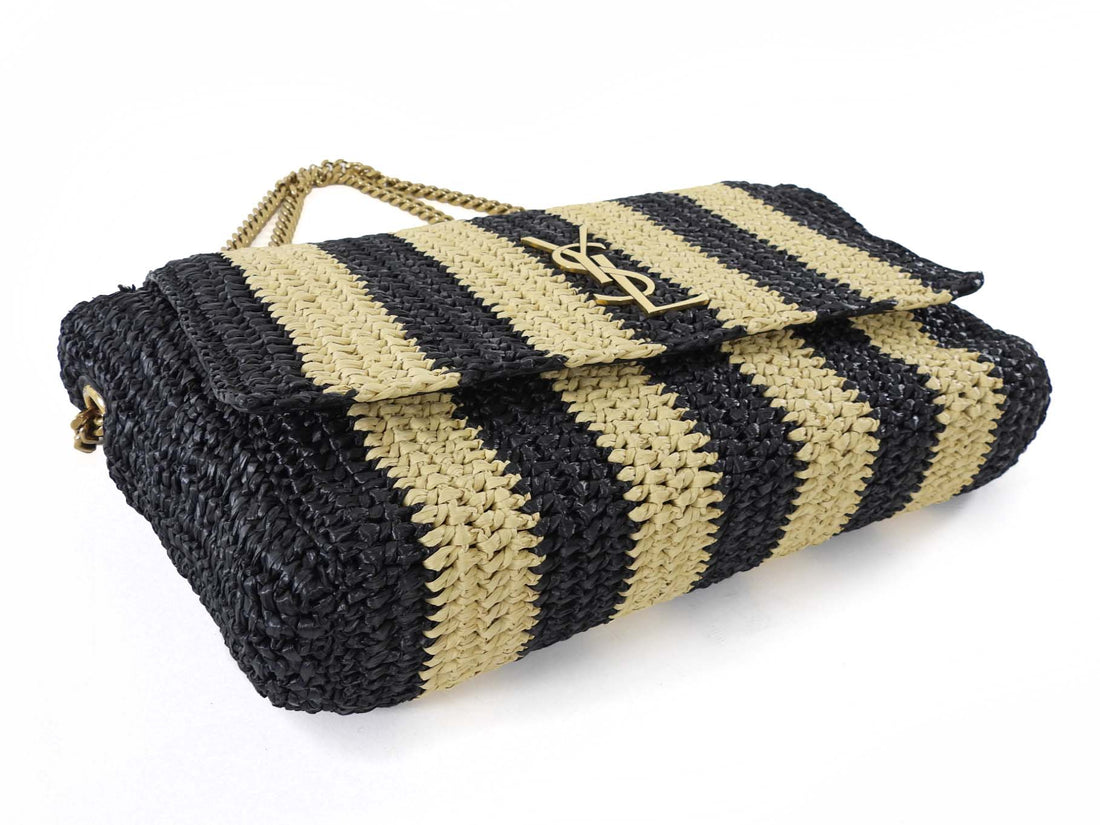 Saint Laurent Natural Beige and Black Stripe Raffia Monogram Reversible Chain Flap Bag