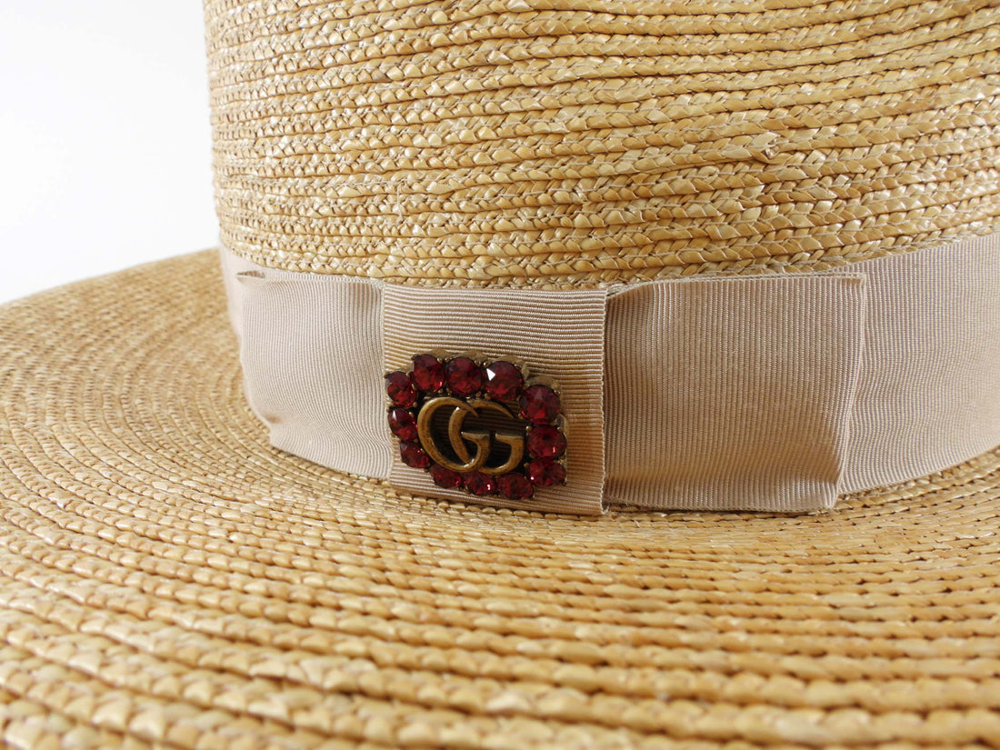 Gucci Wide Brim Straw Fuchsia Crystal Embellished Sun Hat
