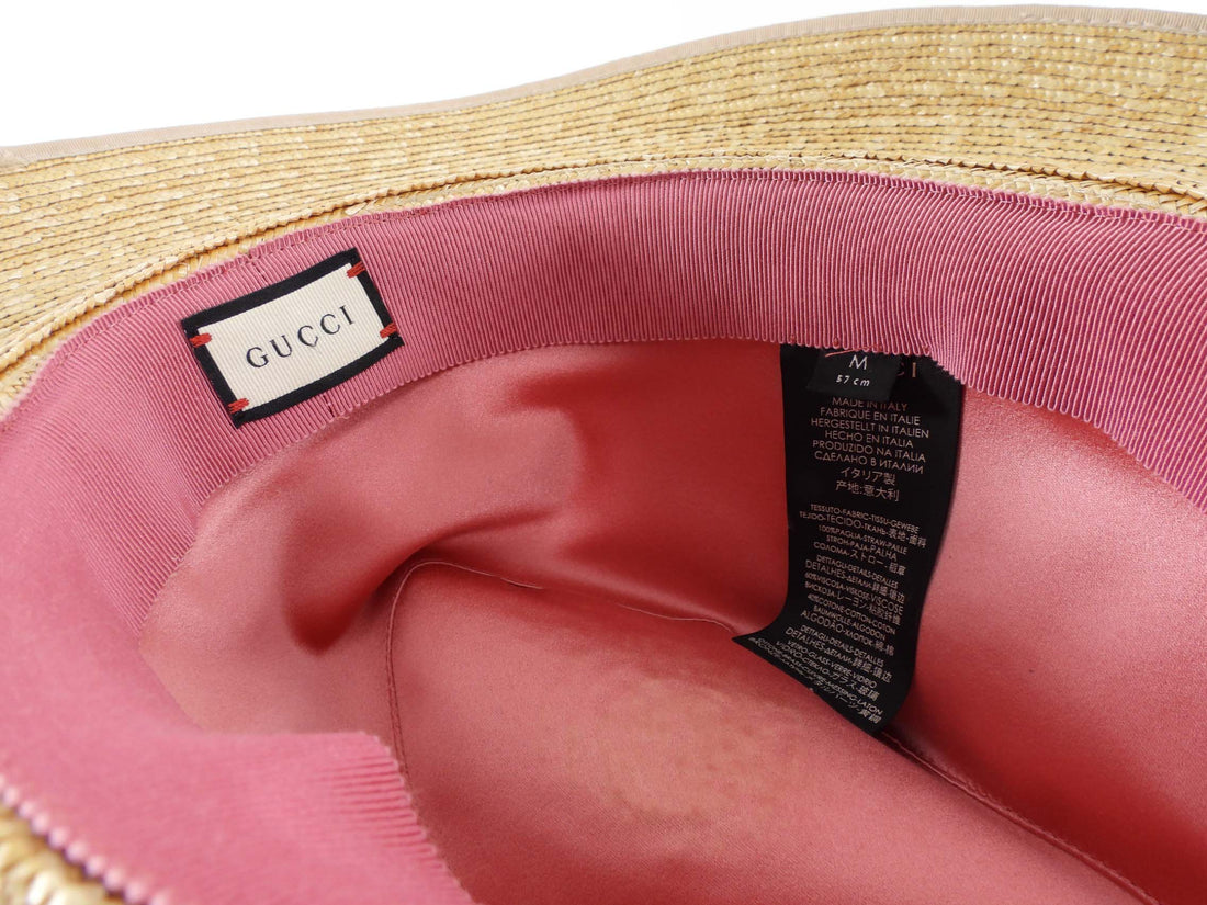 Gucci Wide Brim Straw Fuchsia Crystal Embellished Sun Hat