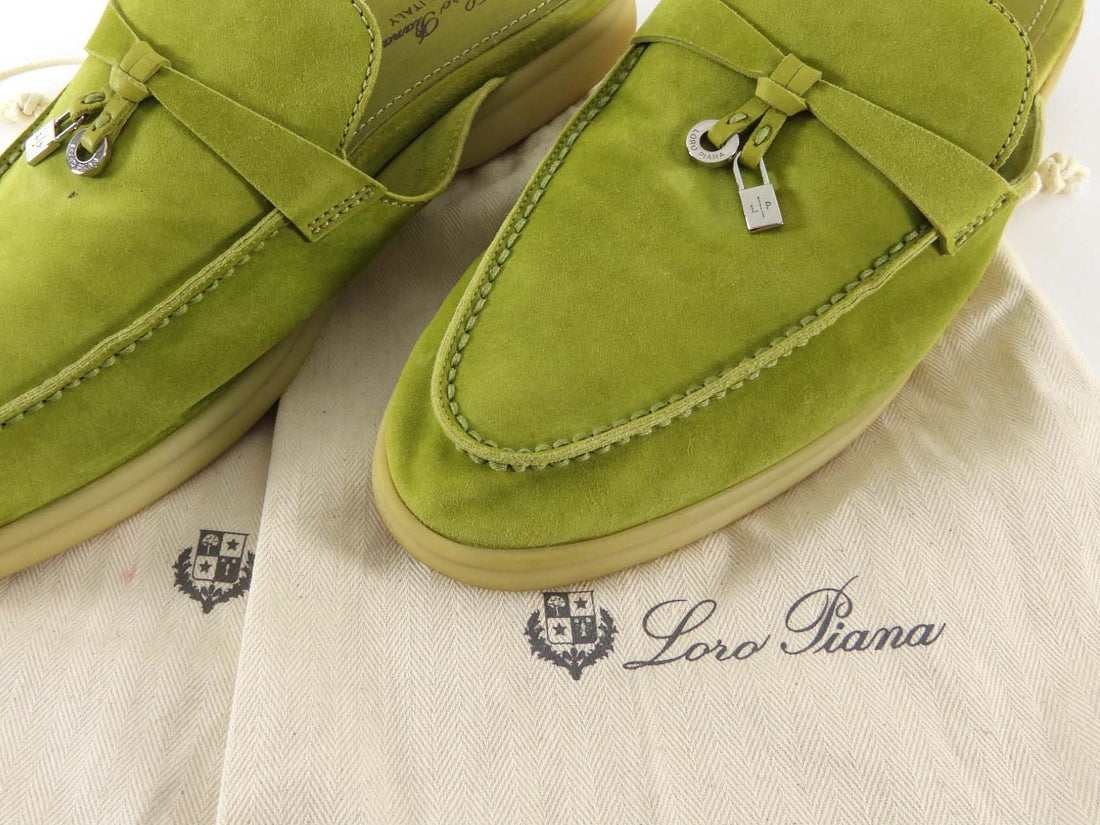 Loro Piana Lime Green Babouche Charms Walk Flat Suede Mules - 38